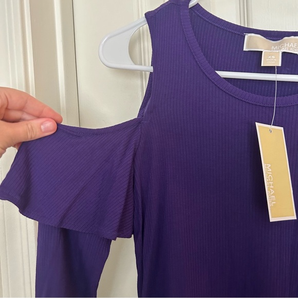 NWT Michael Kors Purple Ribbed Ruffle Cold Shoulder Top - Picture 7 of 16
